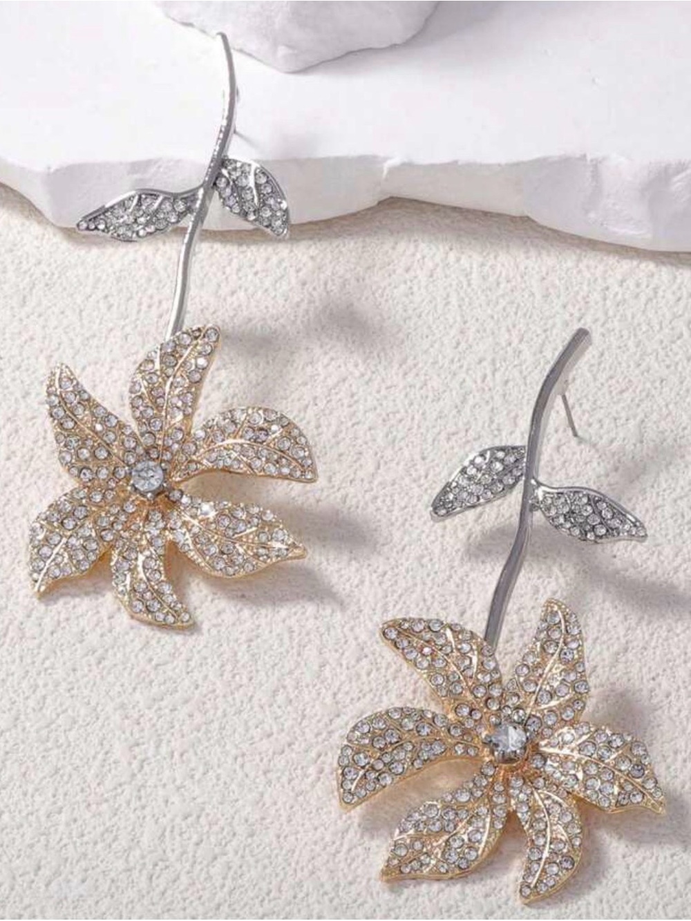 Crystal Flower Drop Earrings - Gold and Silver Floral Dangle